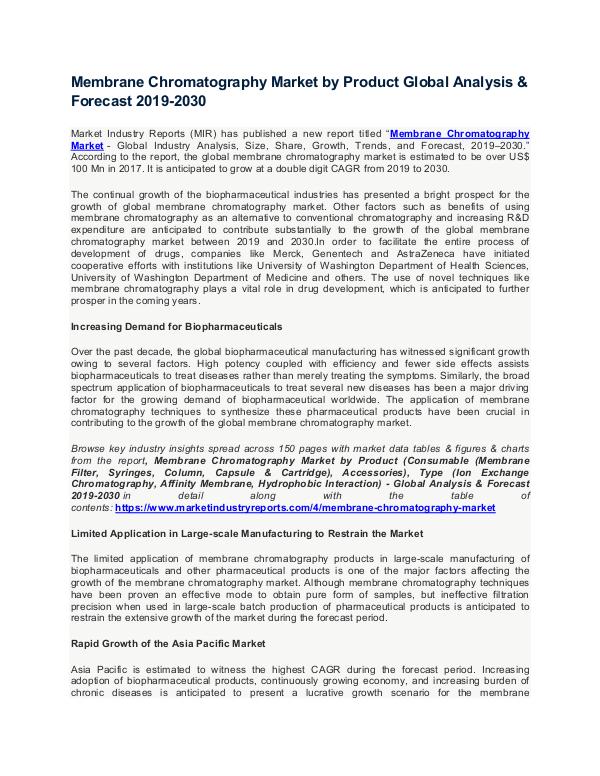 Membrane Chromatography Market  Highest CAGR Till 2019-2030 : Key Pla Membrane Chromatography Market by Product Global A