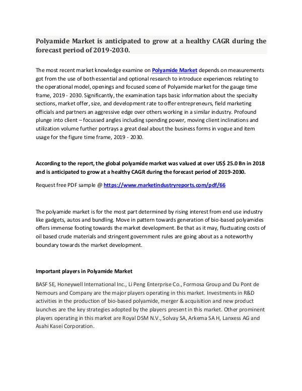 MIR Polyamide Market Analysis And Forecast 2019-2030.