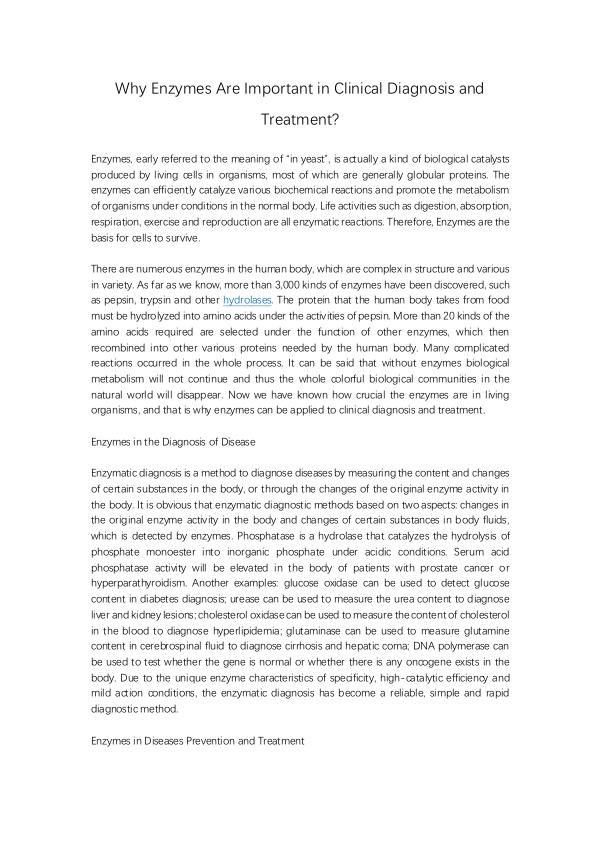 Why Enzymes Are Important in Clinical Diagnosis and Treatment? Why Enzymes Are Important in Clinical Diagnosis an