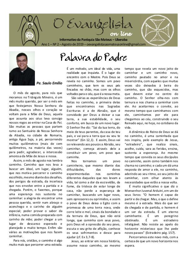 O Evangelista on-line Agosto / 2019