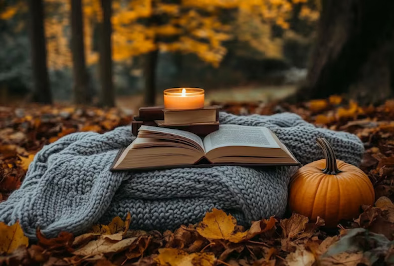Open book on a knit blanket with a lit candle and pumpkin among autumn leaves in a forest setting