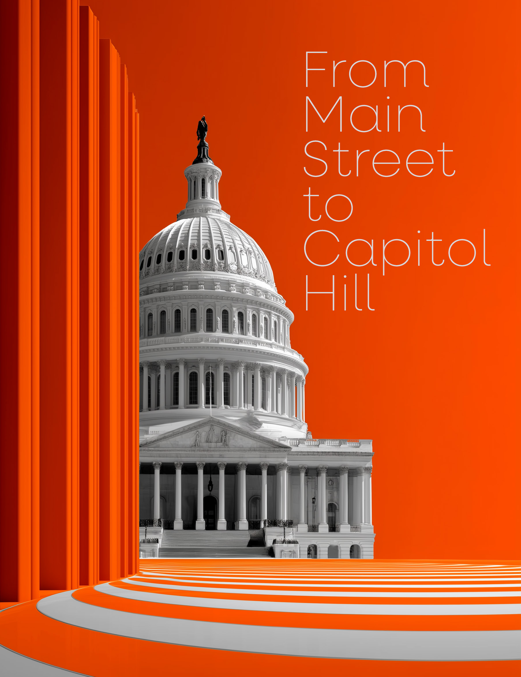 Artistic illustration of the U.S. Capitol building dome against an orange background