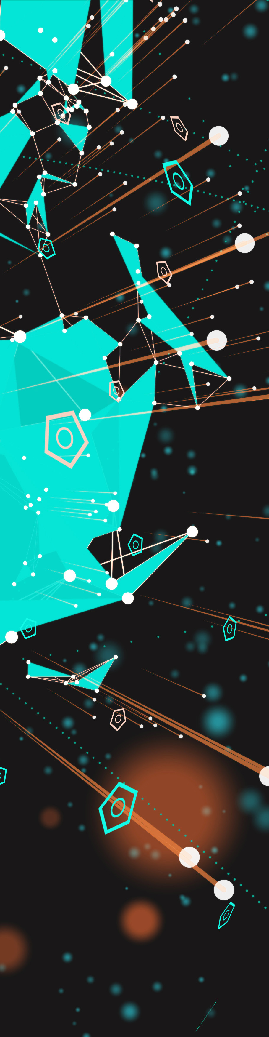 Tall vertical abstract illustration with teal geometric shapes and glowing connection points