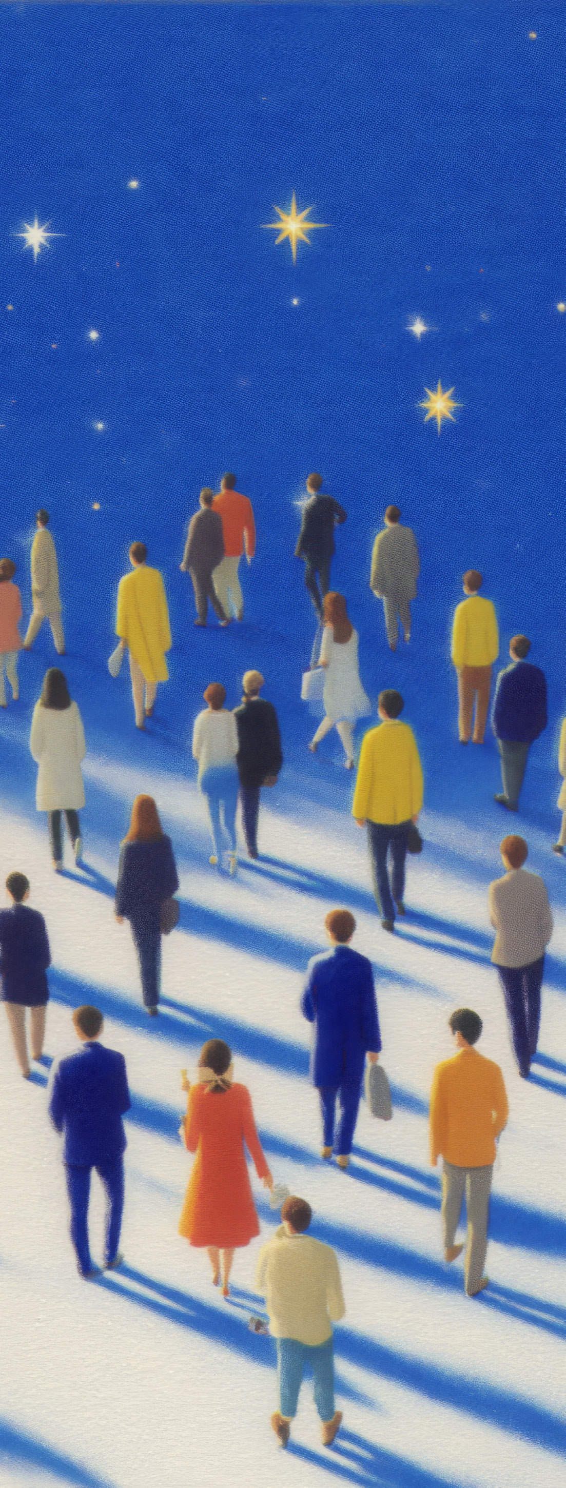 People walking away from camera on blue background