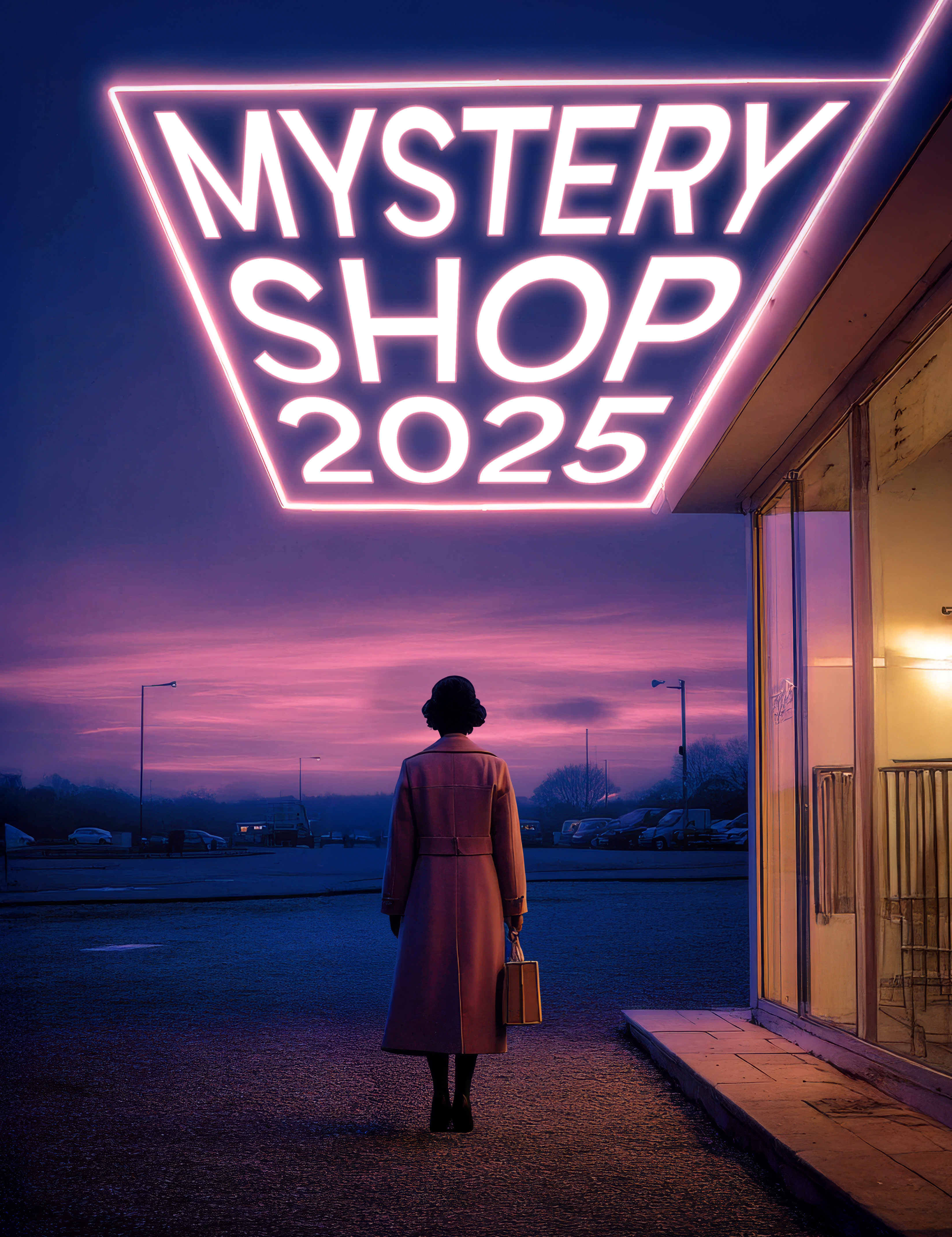 Mystery Shop 2025 Cover showing a woman walking toward a neon sign