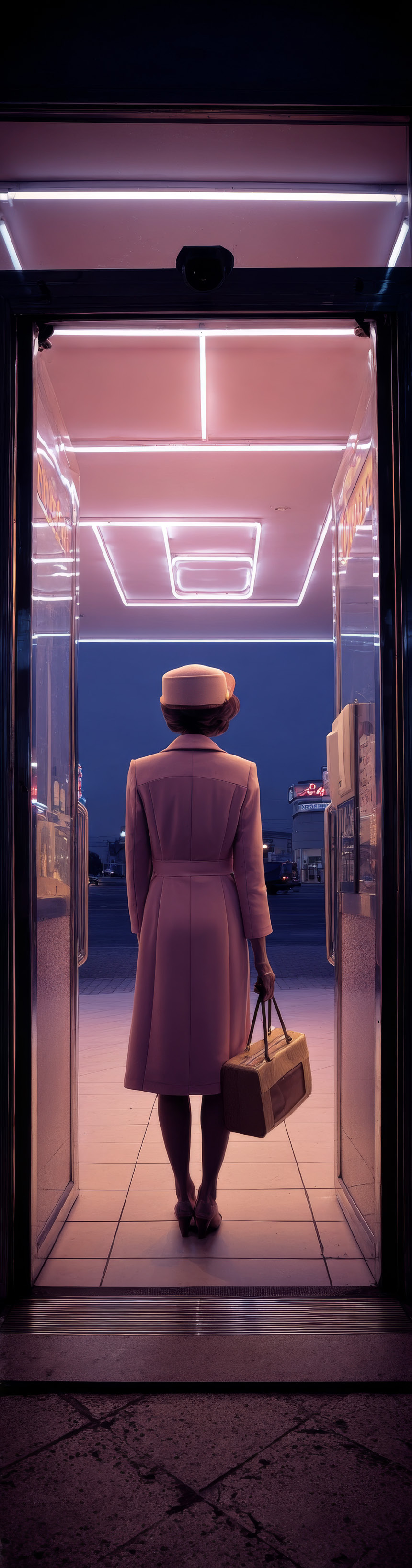 Atmospheric visual of a person standing in a glowing neon doorway